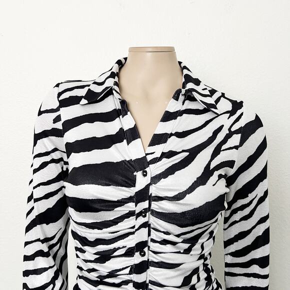 [Tiger Mist] Ryanna Zebra Print Collared Ruched Long Sleeve Mini Dress Sz Small - Picture 11 of 14